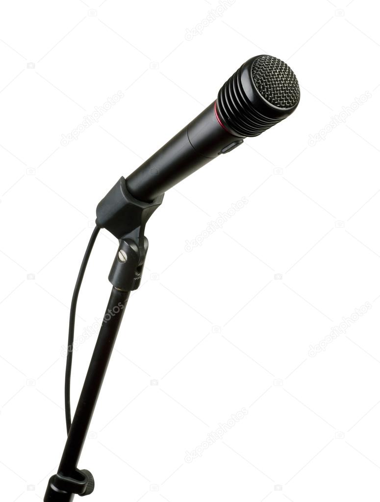 Microphone on a stand on a white background.