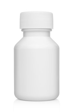 Beyaz arka planda izole edilmiş haplar için beyaz plastik tıbbi kap.