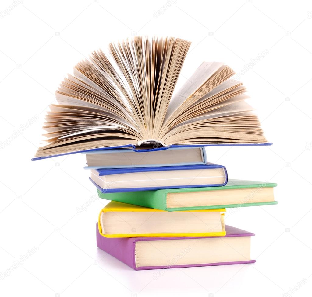 Composition with stack of books on a white background.