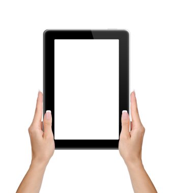 Holding ve beyaz arka plan üzerinde izole tablet PC'de dokunmadan eller.
