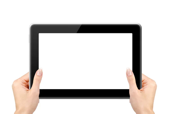 Holding ve beyaz arka plan üzerinde izole tablet PC'de dokunmadan eller. — Stok fotoğraf