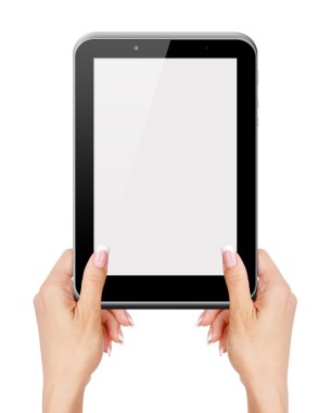 Holding ve beyaz arka plan üzerinde izole tablet PC'de dokunmadan eller.