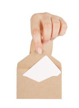 woman's hand holding an envelope with a card isolated on white background