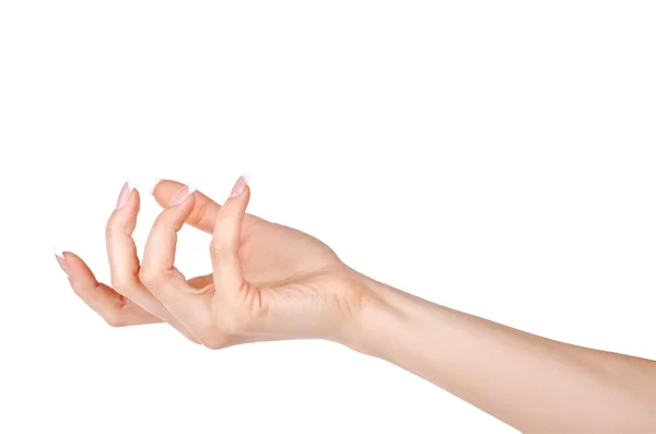 Mano de mujer abierta vacía sobre fondo blanco . — Foto de Stock