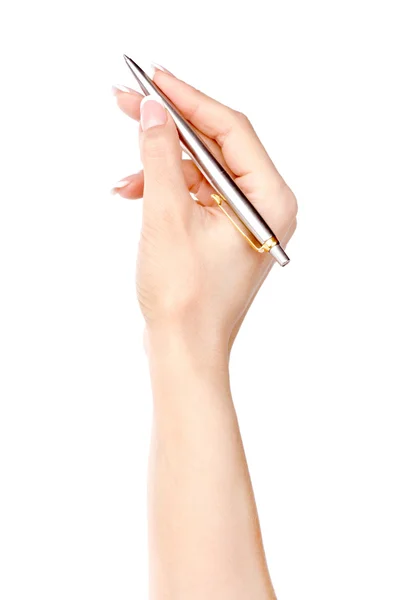 Kugelschreiber in Frauenhand isoliert auf weißem Hintergrund. — Stockfoto