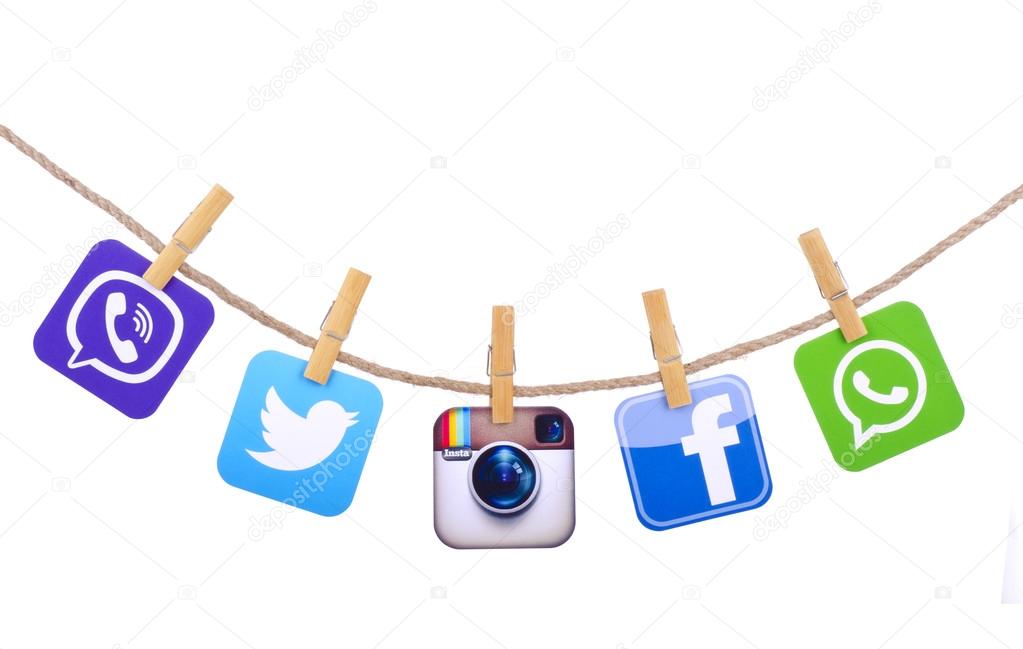 Popular social media Facebook, instagram, Viber, Twitter, WHatsApp hanging  on the clothesline isolated on white background. – Stock Editorial Photo ©  tanuha2001 #96317868