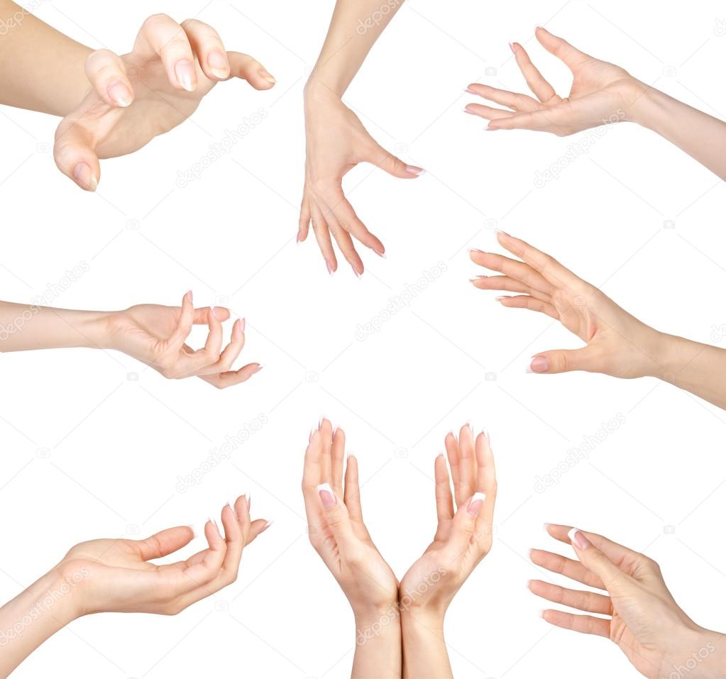 Collage of woman Hands gestures set, on white background.