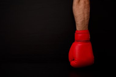 Two hands in red boxing gloves in the side of the frame on a black background,  empty space