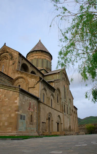 Cattedrale di Svetitskhoveli, Mtskheta City nel tardo pomeriggio, rami di salice. Vista laterale, verticale — Foto Stock