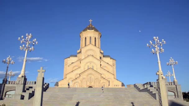 Vista Sameba menina inferior sobe as escadas para a entrada da Catedral da Santíssima Trindade de Tbilisi — Vídeo de Stock