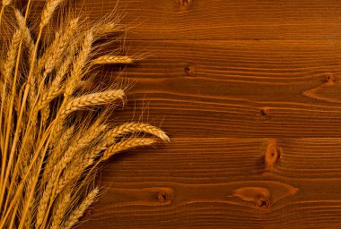 Kulakları ahşap arka plan, metin için yer üzerinde olgun buğday