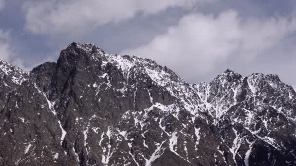 Höga, klippiga bergen med snö på bakgrunden förblir flytande moln. Caucasusen. Georgien. — Stockvideo