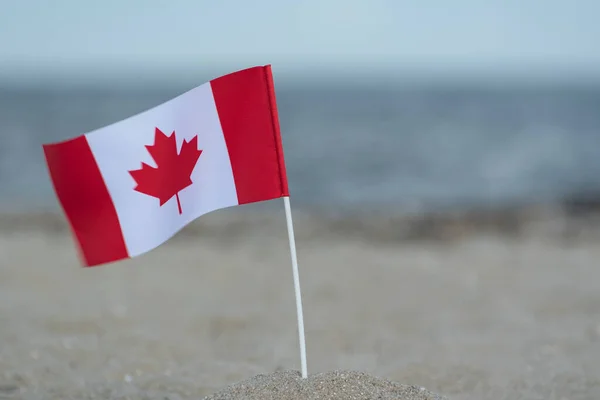 National table flag of Canada on sea background. Flag on sandy shore