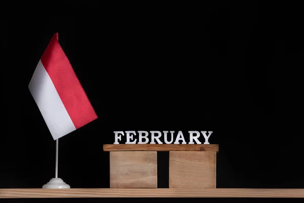 Houten Kalender Van Februari Met Poolse Vlag Zwarte Achtergrond Vakantie — Stockfoto