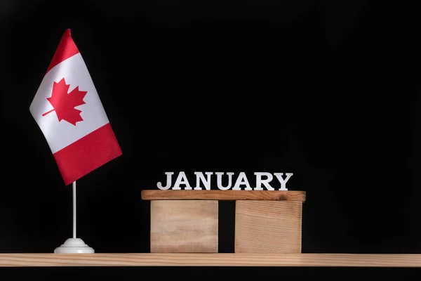 Calendario Madera Enero Con Bandera Canadiense Sobre Fondo Negro Vacaciones — Foto de Stock