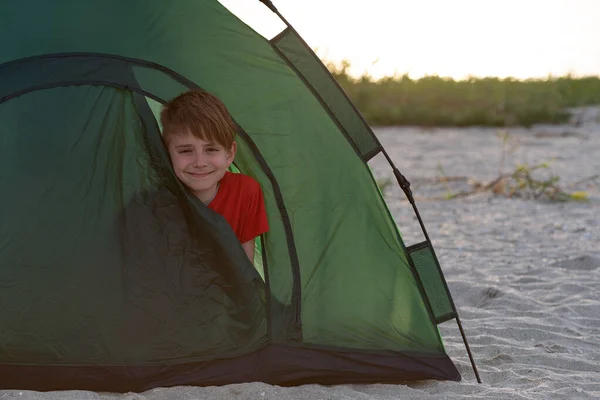 Chico Asomándose Fuera Tienda Turística Vacaciones Activas Camping —  Fotos de Stock