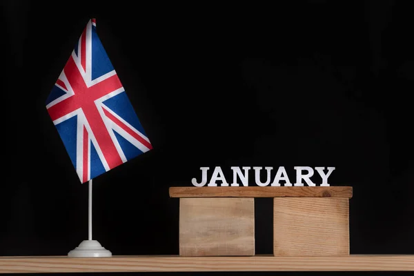 Ξύλινο Ημερολόγιο Του Ιανουαρίου Σημαία Της Μεγάλης Βρετανίας Μαύρο Φόντο — Φωτογραφία Αρχείου