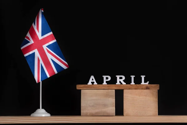 Wooden Calendar April Great Britain Flag Black Background Spring Holidays — Stock Photo, Image