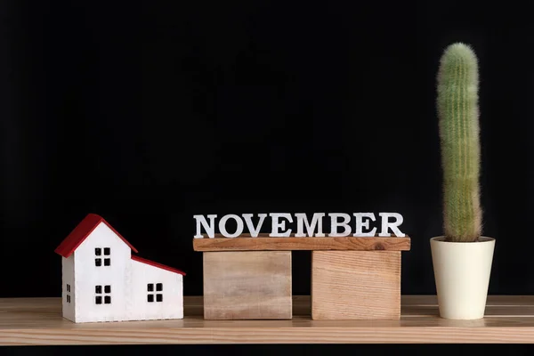 Calendrier Bois Novembre Cactus Modèle Maison Sur Fond Noir Espace — Photo