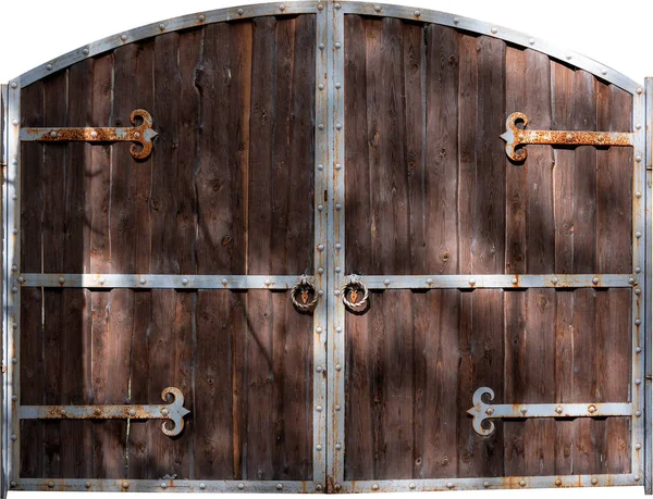 Středověká Dřevěná Brána Kovanými Detaily Bílém Pozadí — Stock fotografie