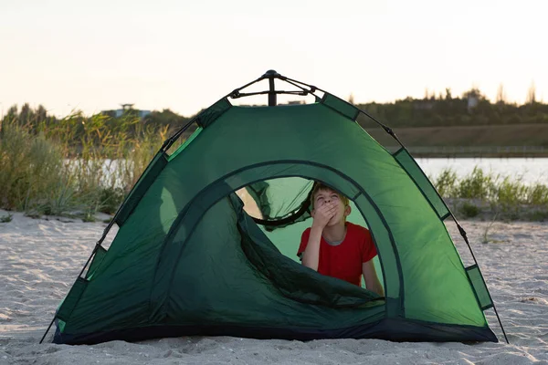 Boy Tent Yawns Early Morning Campsite Children Tourism Camping Travel — Stock Photo, Image