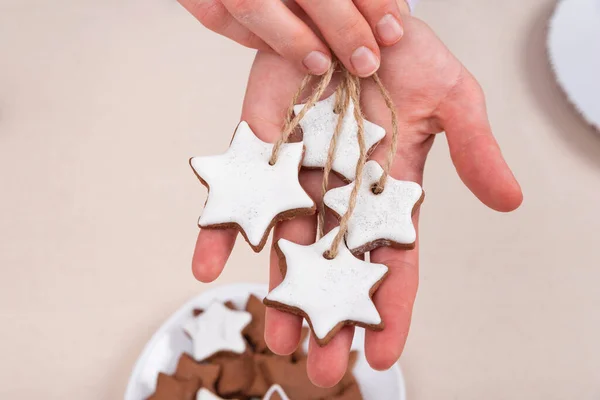 Pan Jengibre Forma Estrella Decoraciones Navideñas Hechas Galletas Cerca — Foto de Stock