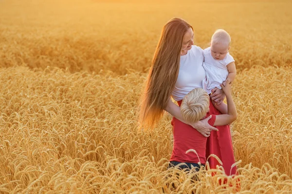 Ung Mor Med Två Barn Mitt Vetefältet Lycklig Familj — Stockfoto