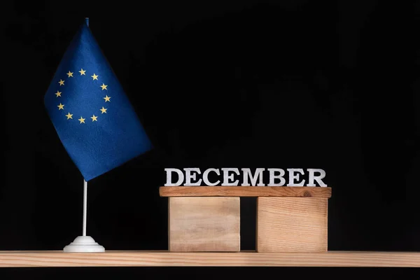 Wooden Calendar December Flag Black Background Holidays European Union December — Stock Photo, Image