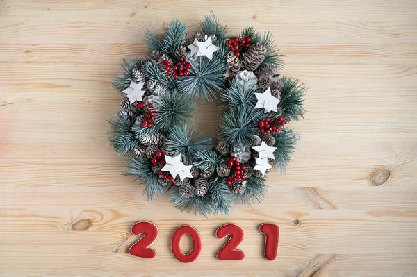 Vista Superior Coroa Natal Número 2021 Feliz Fundo Natal — Fotografia de Stock