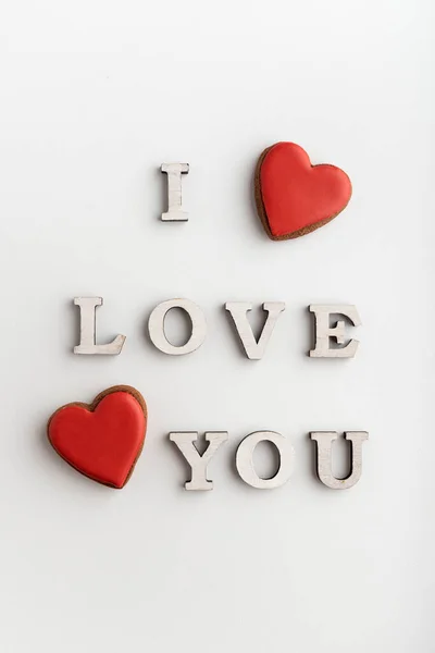 Romantic Inscription Love You Red Heart Shaped Gingerbread Cookies White — Stock Photo, Image