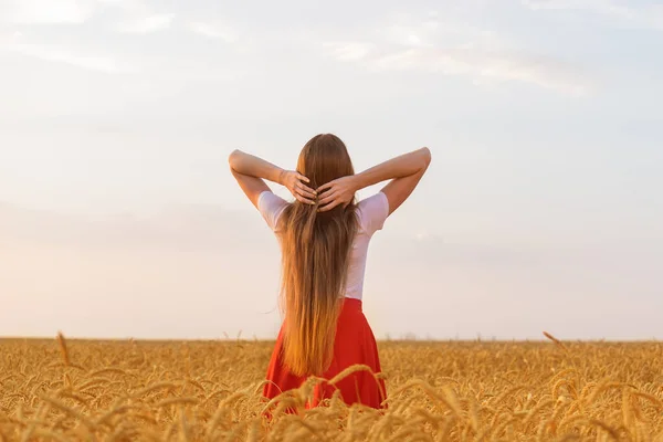 Mladá Žena Stojí Mezi Pšeničnými Poli Zadní Pohled Krásné Dlouhé — Stock fotografie