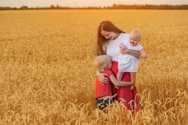 Buğday tarlasında yürüyen iki çocuklu güzel bir anne. Kırsalda hafta sonu.