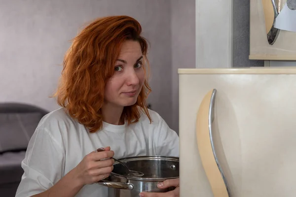 Glutton Girl Refrigerator While Eating Night Girl Large Saucepan Hands — Stock Photo, Image