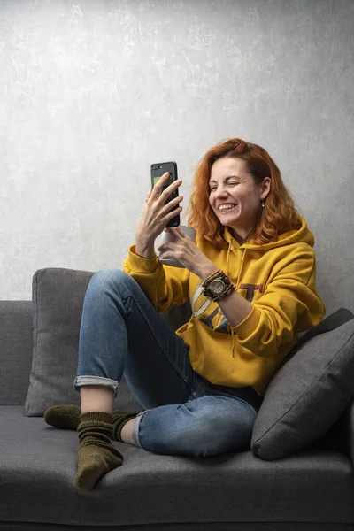 Cheerful Young Girl Sits Sofa Shoots Stories Chatting Video Call — Stock Photo, Image