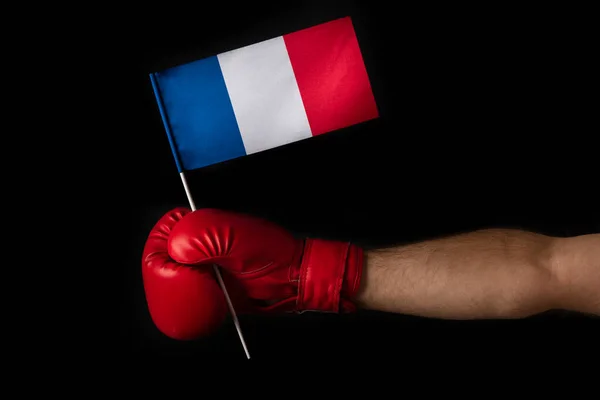 Boxer Hand Holds Flag French Boxing Glove French Flag Black — Stock Photo, Image