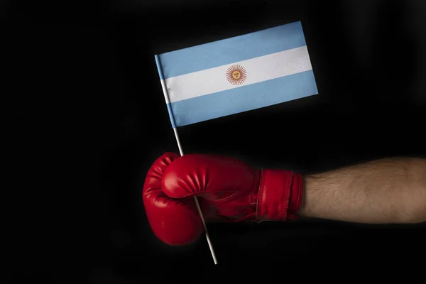 Boxeador Sostiene Bandera Argentina Guante Boxeo Con Bandera Argentina Fondo — Foto de Stock