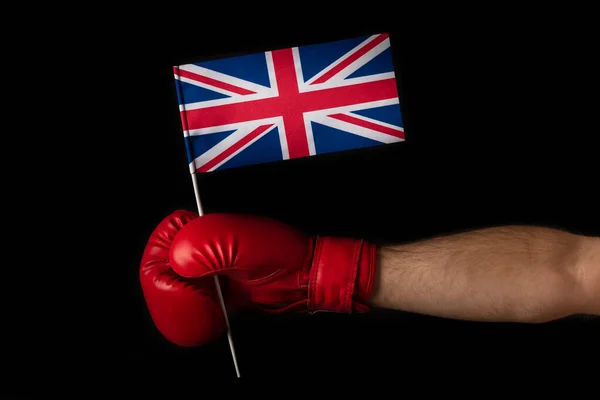 Boxerská Ruka Drží Vlajku Velké Británie Boxovací Rukavice Vlajkou Velké — Stock fotografie