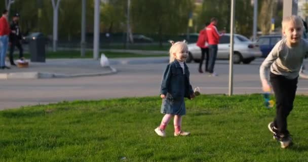 Son frère aîné fuit sa sœur. Les enfants jouent sur une prairie verte, jeux mobiles. Enfants blonds, temps ensoleillé — Video