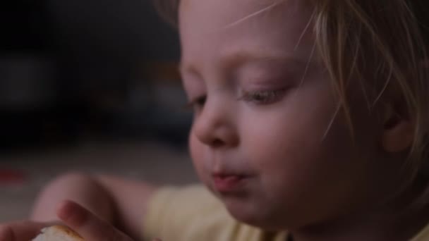 Το παιδί μιλάει και τρώει ψωμί. Πεινασμένη κοπέλα φλυαρεί ενώ τρώει. Κοντινό πορτραίτο — Αρχείο Βίντεο
