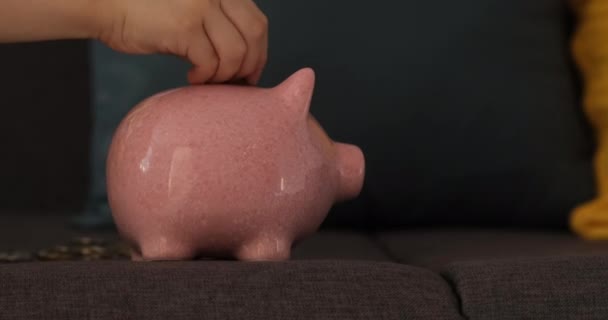 子供の手は豚の貯金箱にコインを入れます。貯蓄の概念。閉鎖 — ストック動画