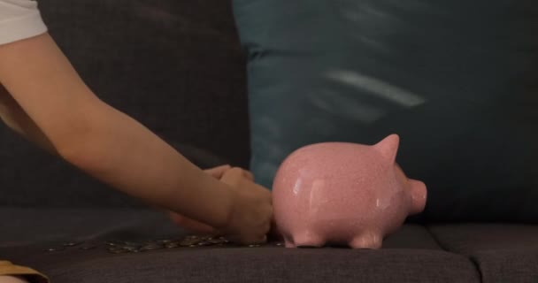 子供たちは熊手コインを手に取り、豚の貯金箱に折ります。金融リテラシーと貯蓄 — ストック動画