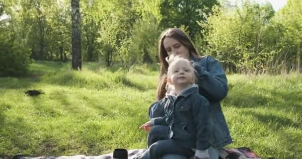 A jovem mãe faz rabos-de-cavalo para a filha. Mãe com criança no piquenique no parque. — Vídeo de Stock