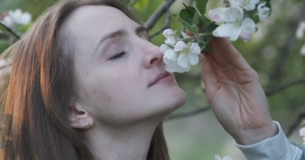 Gadis mengendus cabang mekar dari pohon apel. Wanita cantik muda menikmati aroma bunga. — Stok Video