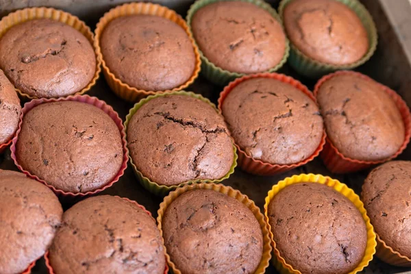 Magdalenas Chocolate Recién Hechas Una Bandeja Para Hornear Hornear Casa —  Fotos de Stock