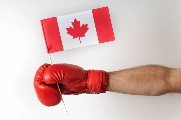 Guante Boxeo Con Bandera Canadá Boxeador Sostiene Bandera Canadá Fondo — Foto de Stock