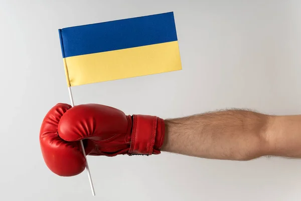 Guante Boxeo Con Bandera Ucraniana Boxeador Sostiene Bandera Ucrania Fondo —  Fotos de Stock