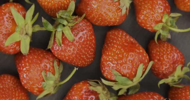 Fresas rojas maduras recién cosechadas de cerca. Rotación de vídeo. Movimiento de bucle. Macro. — Vídeos de Stock