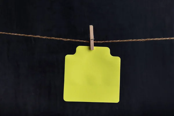 Blank Yellow Paper Card Hang Clothespin Rope Copy Space Place — Foto Stock