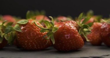 Taze, lezzetli çilek manzaralı. Yaz meyveleri. Ev yapımı çilek. Döndürme video. Döngü hareketi. 