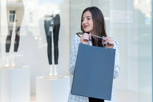 Happy Woman Purchases Shopfront Background Mock Black Friday Shopping Center — Stockfoto